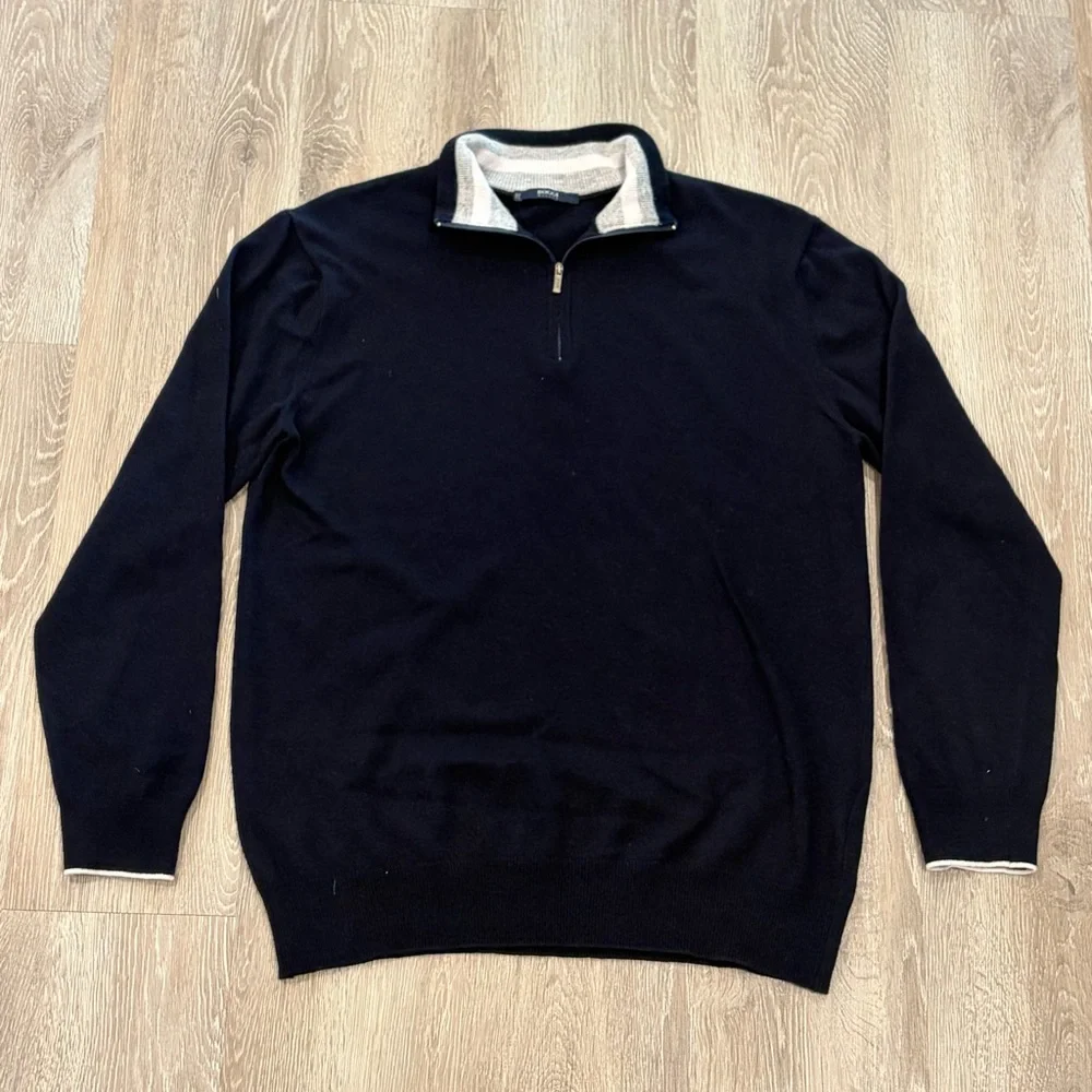 Boggi Milano 1/4 Zip Sweater Mens XL Navy Blue Cashmere Blend Mock Neck Luxury - Picture 2 of 9